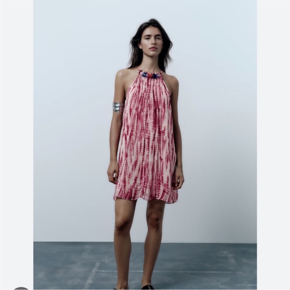 Zara Pink Tie Dye Bead Stones Mini Dress - Picture 3 of 7